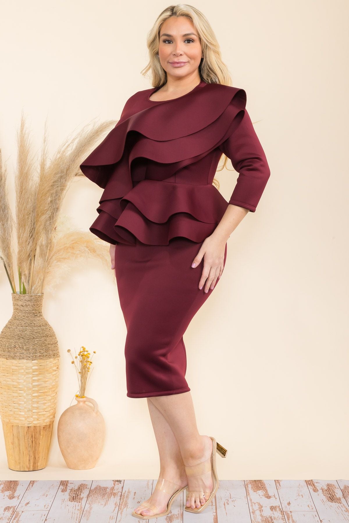 Plus Size Double Layer Detail Front and Double Ruffle Hem Peplum Midi Dress