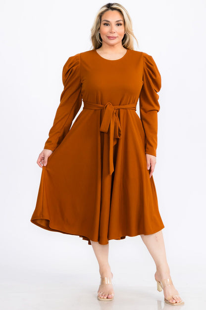 Plus Size Solid Smocked Cuff Raglan Sleeves Flare Midi Plated Dress With Belt