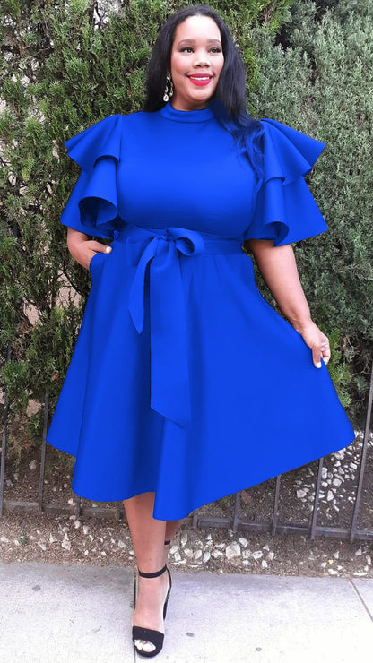 Plus Size Extravagant Fit and Flare Midi Dress With Belt