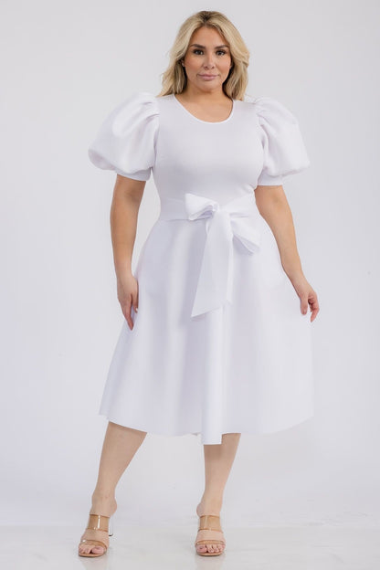 Plus Size Puffy sleeves Flare Knee Dresses With Pockets