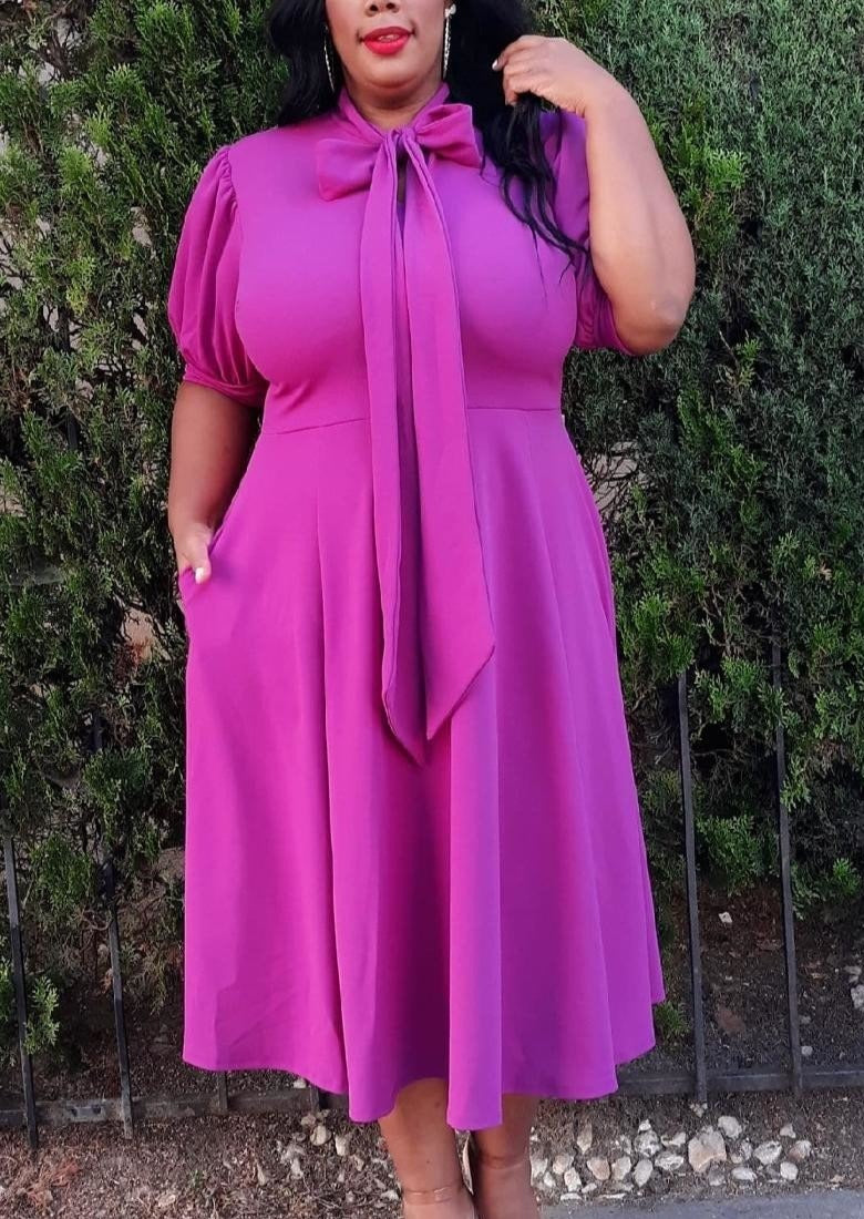 Hi Curvy Plus Size Bow Collar Fit & Flare Midi Dress