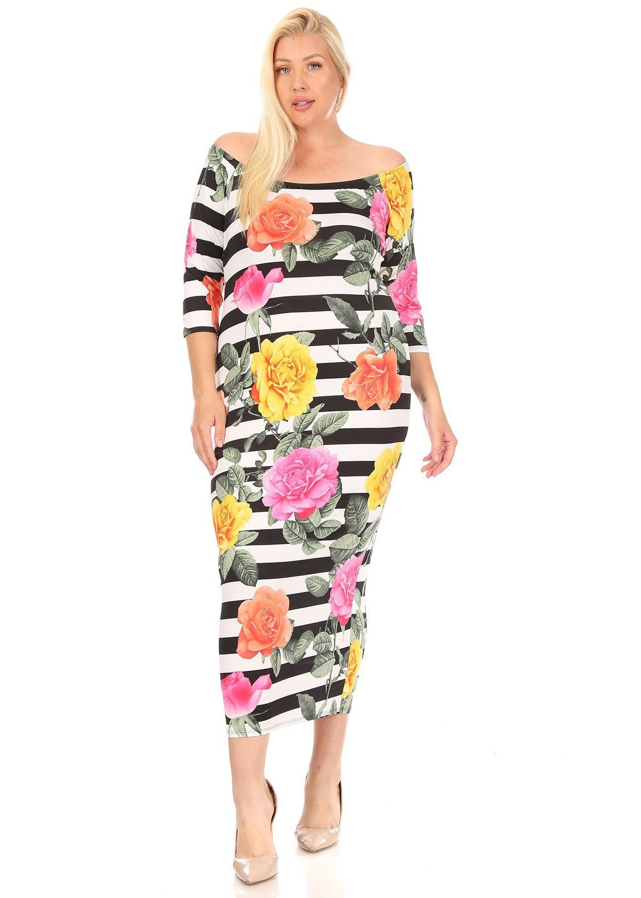 Plus Size Women Flora Print   Off-Shoulder Bodycon Dress Midi Dress