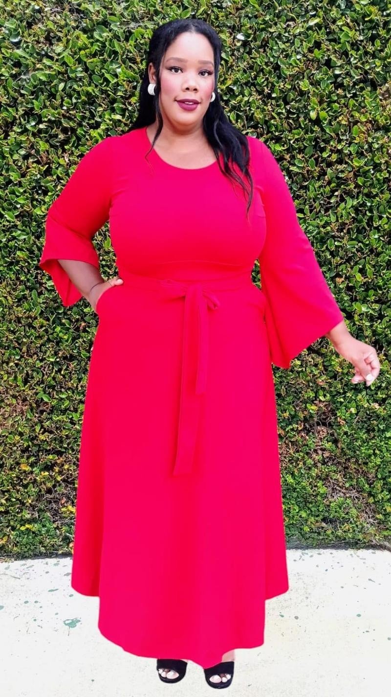 Plus Size Bell Sleeves Round Neck Maxi Flare Dress With Belt and Pockets