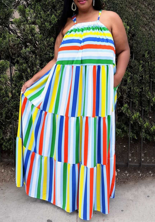 HI CURVY Plus Size Multi Stripe Halter Neck Flare Maxi Dress