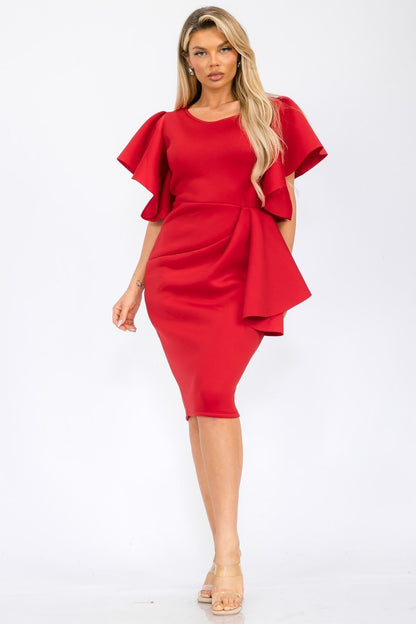 Women chic knee-length piece with elegant ruffle sleeves and a draped detail on the side