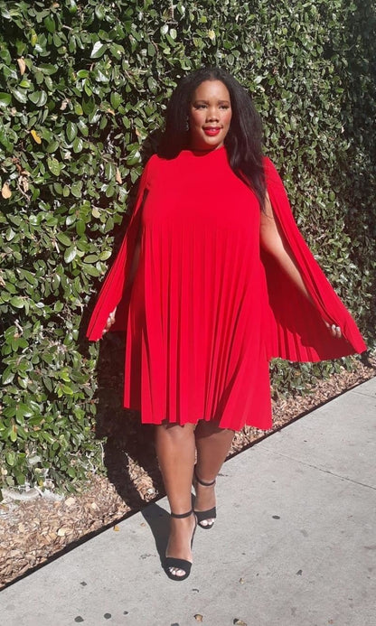 HI Curvy Plus Size Mock Neck Cape Sleeve  Keyhole Back Pleated Knee Dress