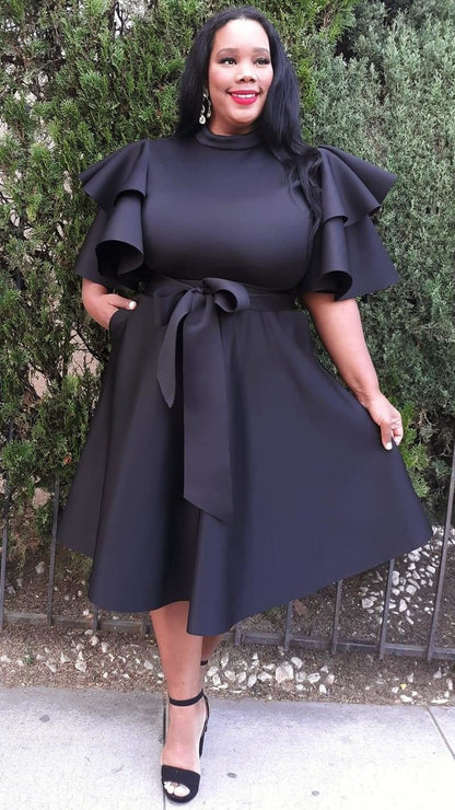 Plus Size Extravagant Fit and Flare Midi Dress With Belt