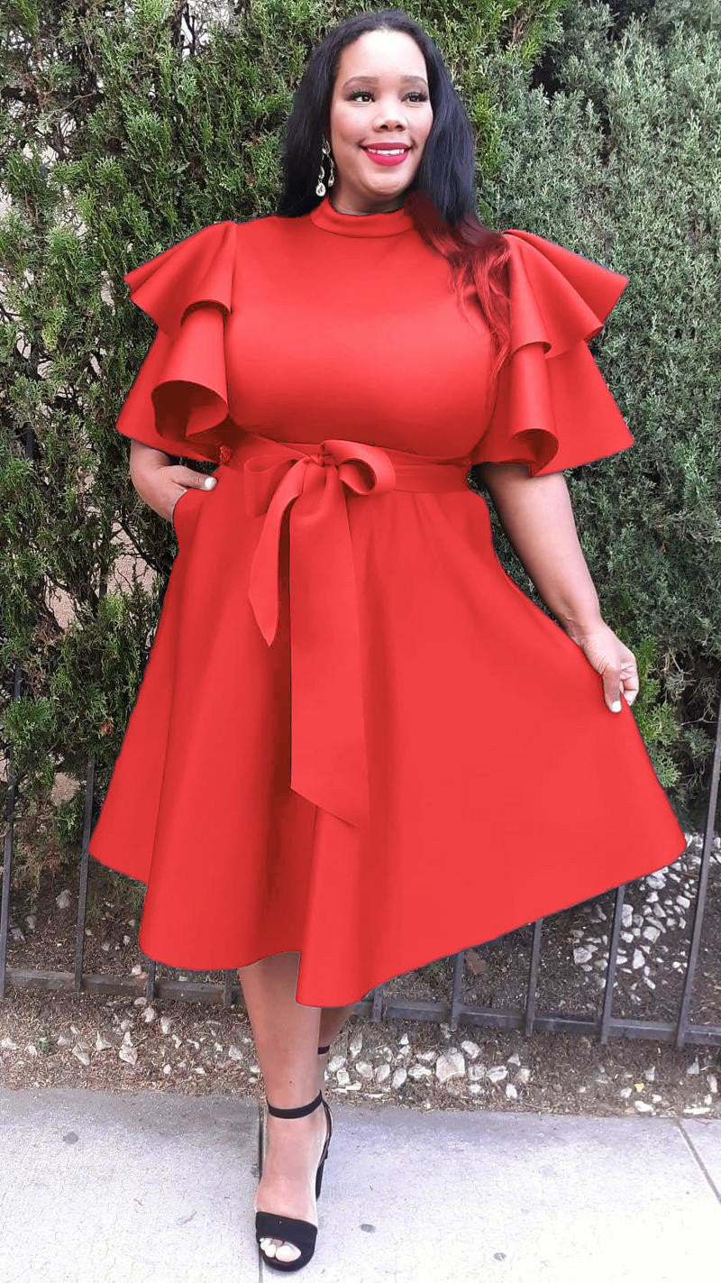 Plus Size Extravagant Fit and Flare Midi Dress With Belt