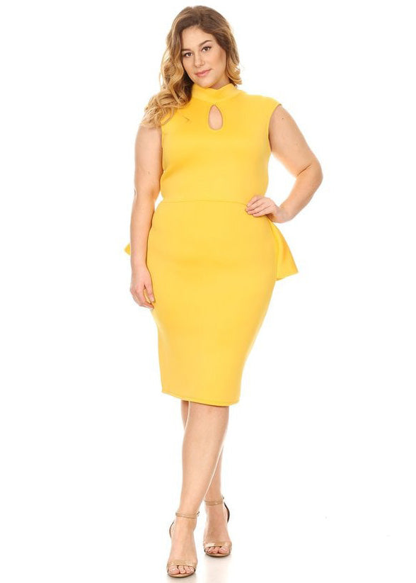 Plus Size Mock Neck Peplum Back Ruffle Hem Keyhole front Knee Dress