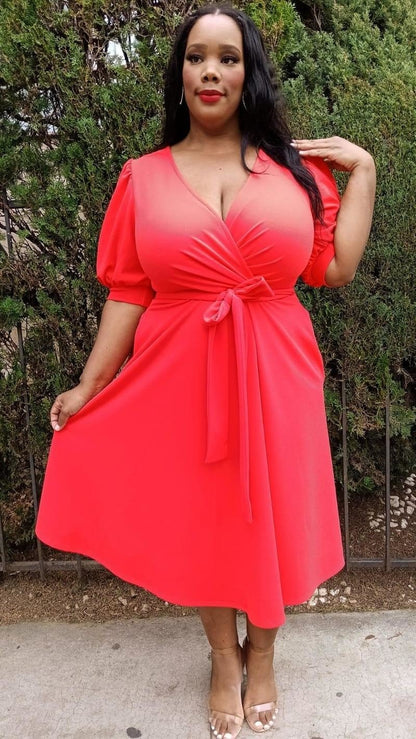 Hi Curvy  Plus Size Women Wrap Midi Dresses with Pockets and belt