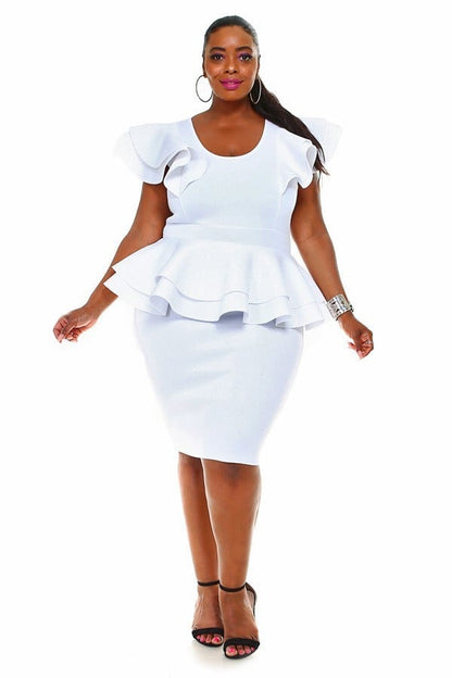 Hi Curvy  Plus Size Women Elegant White Cascade Tiered Ruffle MIDI Dress