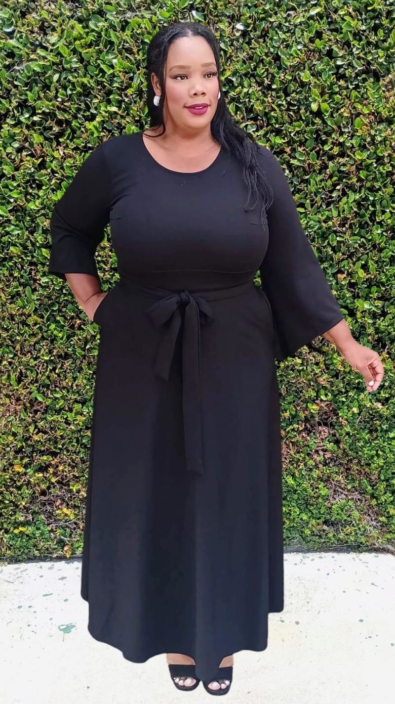 Plus Size Bell Sleeves Round Neck Maxi Flare Dress With Belt and Pockets