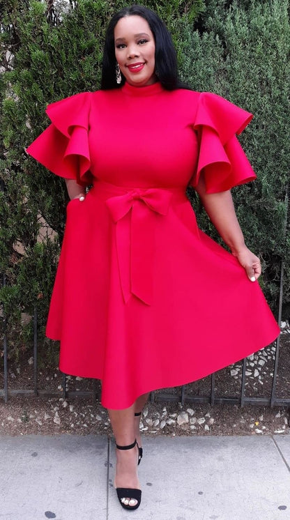 Plus Size Extravagant Fit and Flare Midi Dress With Belt