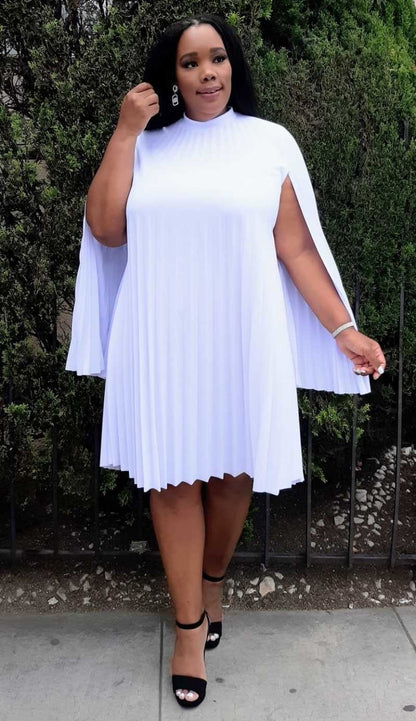 HI Curvy Plus Size Mock Neck Cape Sleeve  Keyhole Back Pleated Knee Dress