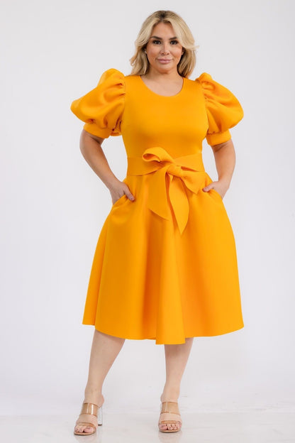 Plus Size Puffy sleeves Flare Knee Dresses With Pockets