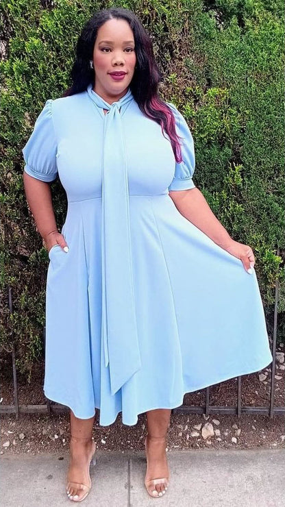 Plus Size Women Bow Collar Fit & Flare Midi Dress