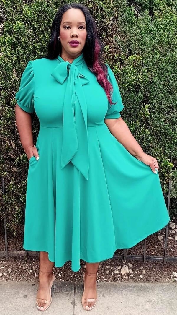 Plus Size Women Bow Collar Fit & Flare Midi Dress