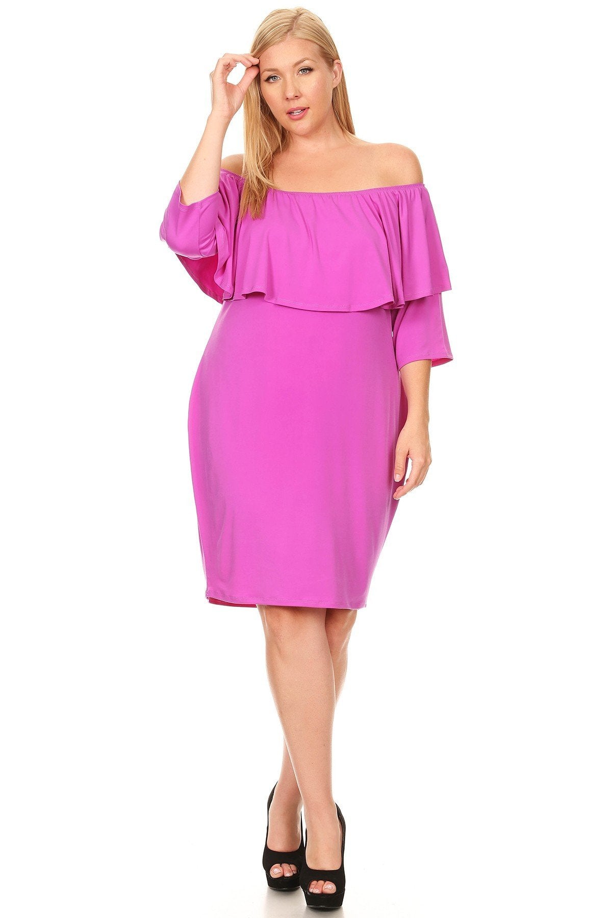 Plus Size Off Shoulder Ruffle Knee Bodycon Dress Made in USA