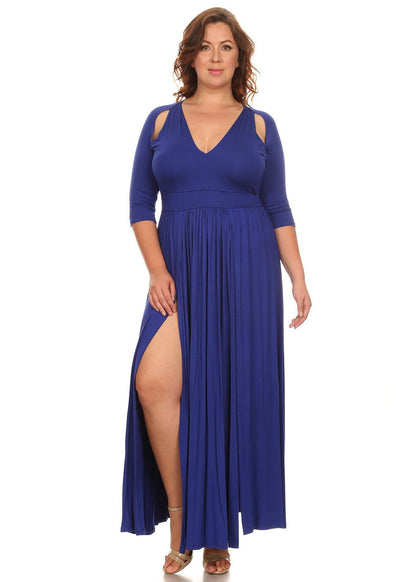 Plus Size Women Full Length V-Neck Cutouts Silted Maxi Dress Made in USA