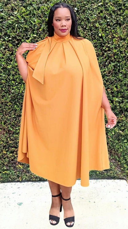 HI Curvy Plus Size Women Mock Neck Cape Midi Dress