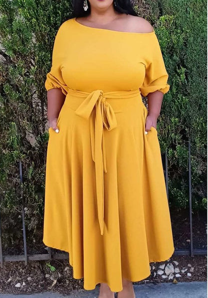 HI Curvy Plus Size women boat neck  Flare maxi Dress 