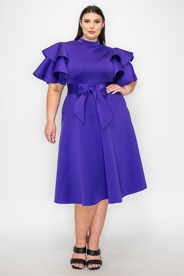 Plus Size Extravagant Fit and Flare Midi Dress With Belt