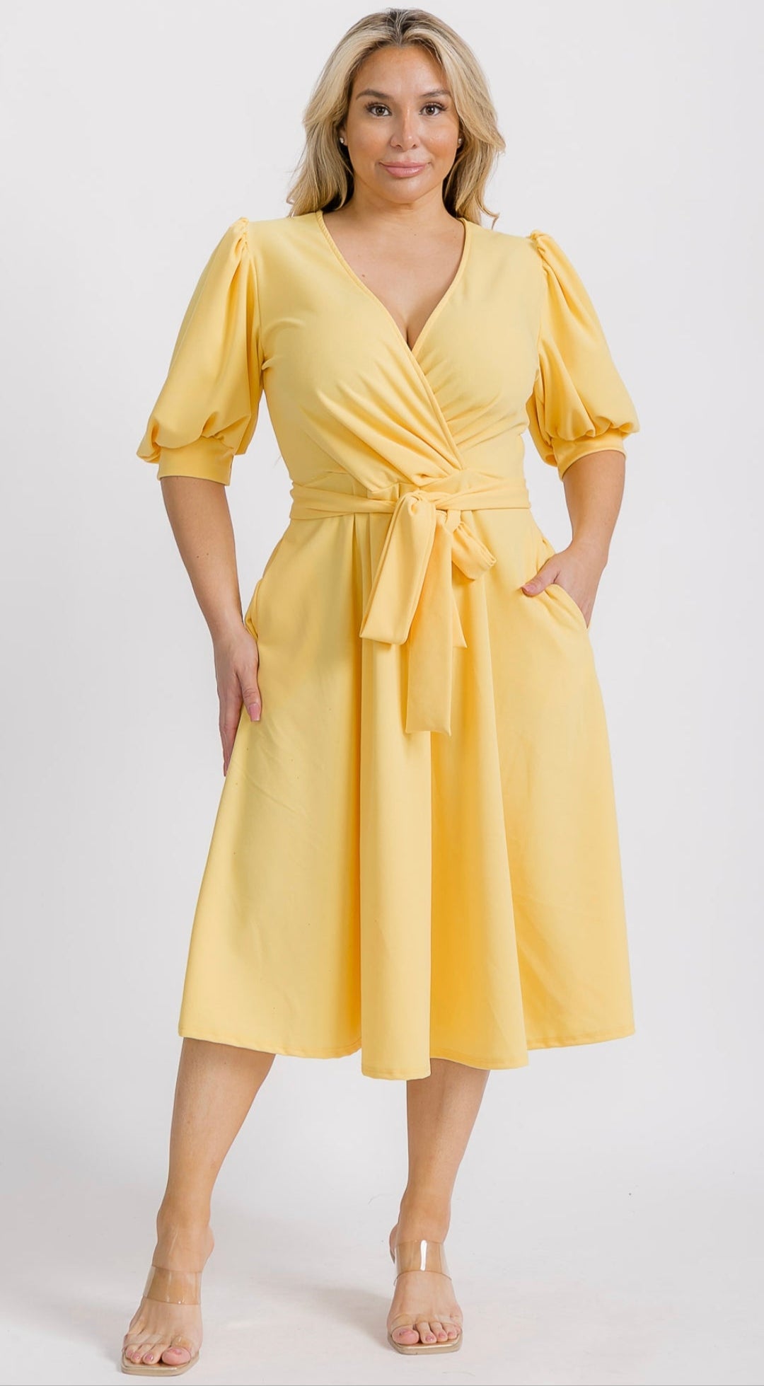 Hi Curvy  Plus Size Women Wrap Midi Dresses with Pockets and belt