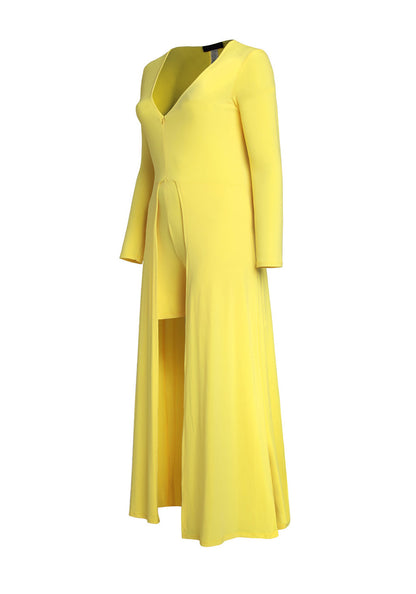 Hi Curvy bright yellow romper with a long slit open front Made in USA