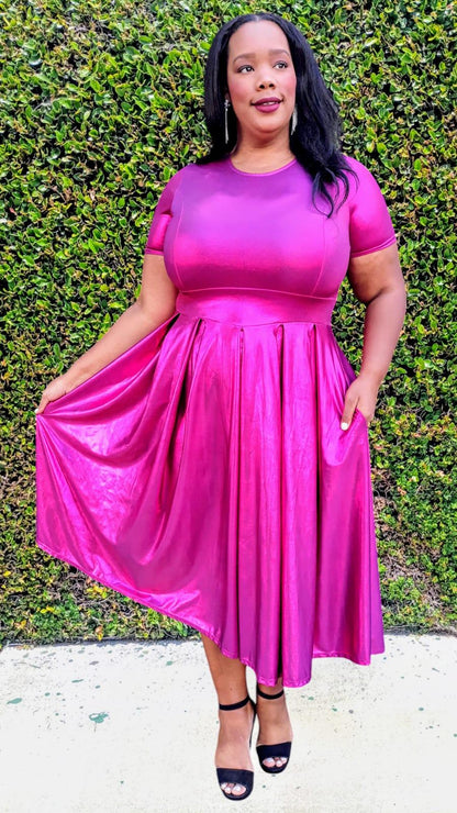 Plus Size Women Vinyl Metallic Fit & Flare Midi Dress