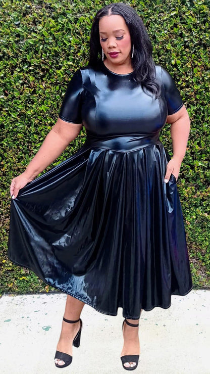 Plus Size Women Vinyl Metallic Fit & Flare Midi Dress