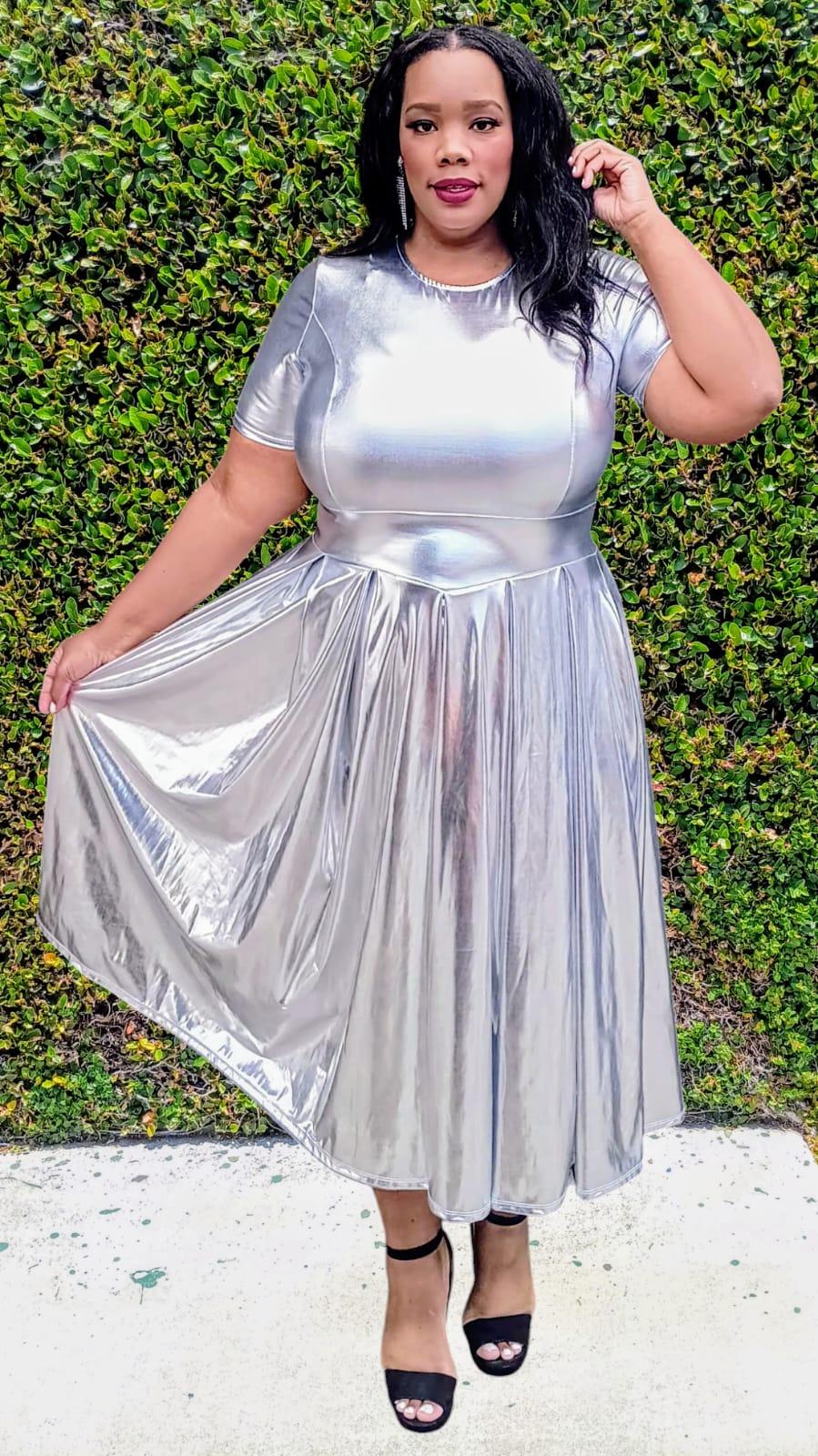 Plus Size Women Vinyl Metallic Fit & Flare Midi Dress