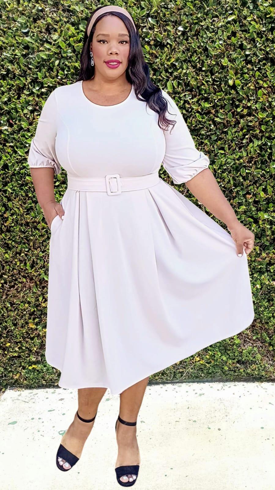 Plus Size 3/4 Bishop Sleeves Flare Midi Dress with Belt Zipper Back