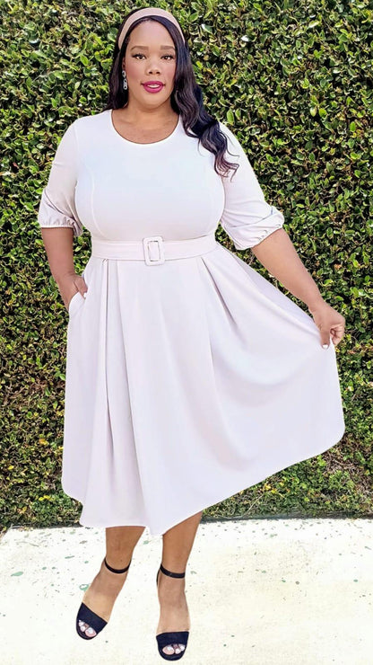 Plus Size 3/4 Bishop Sleeves Flare Midi Dress with Belt Zipper Back