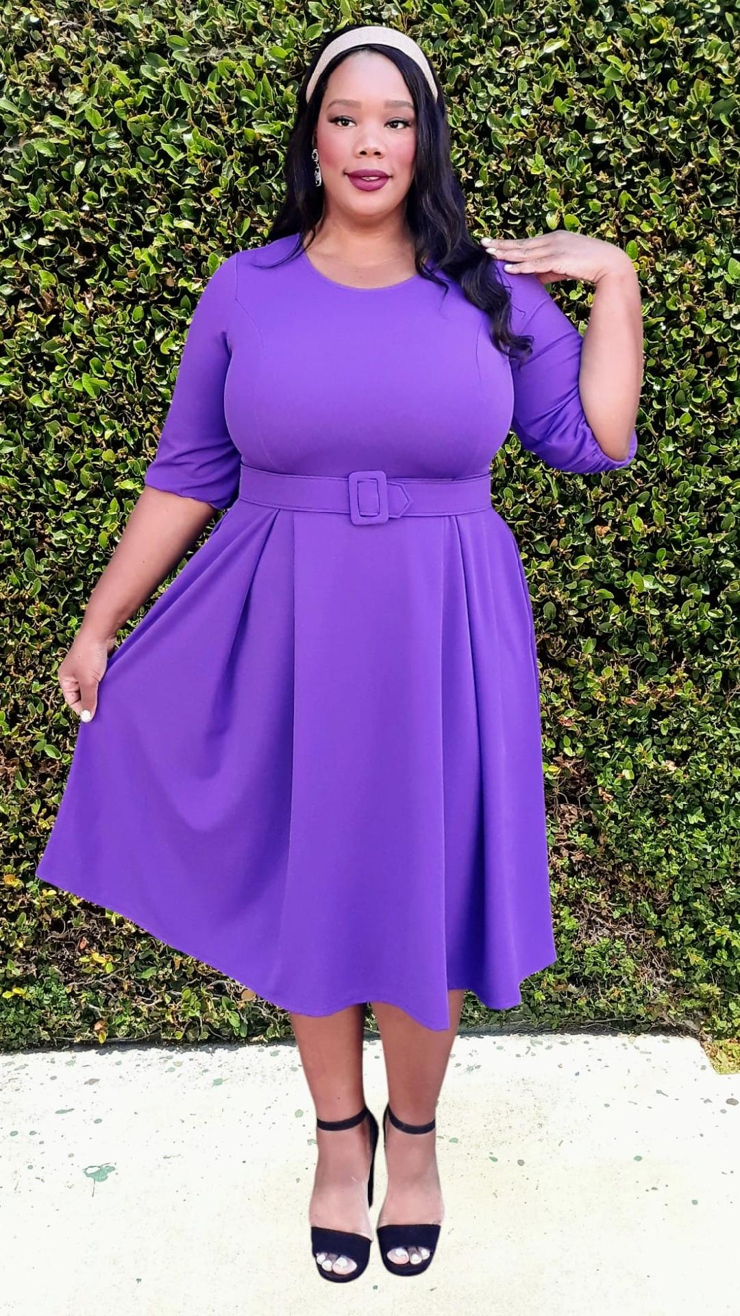 Plus Size 3/4 Bishop Sleeves Flare Midi Dress with Belt Zipper Back