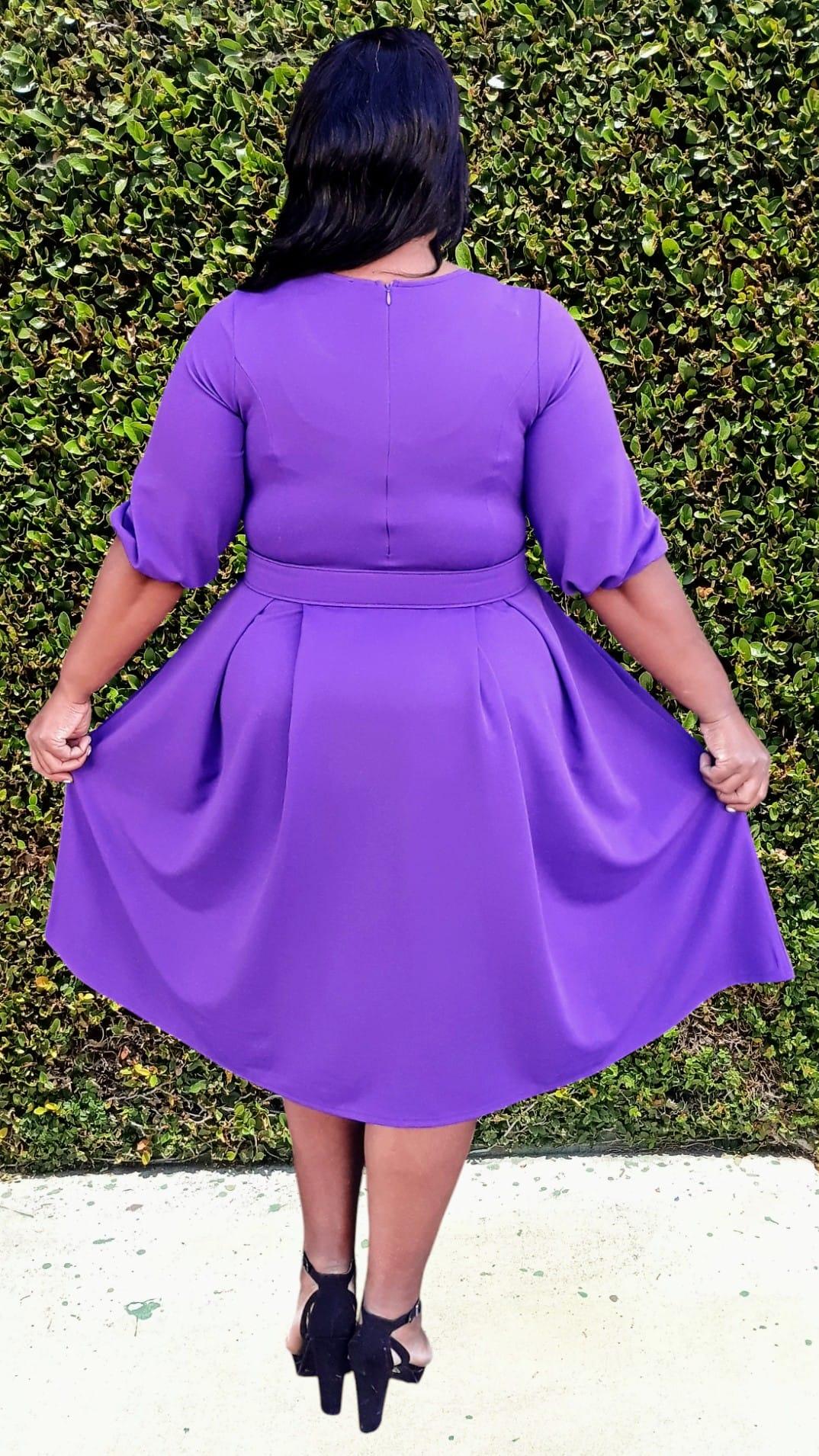 Plus Size 3/4 Bishop Sleeves Flare Midi Dress with Belt Zipper Back