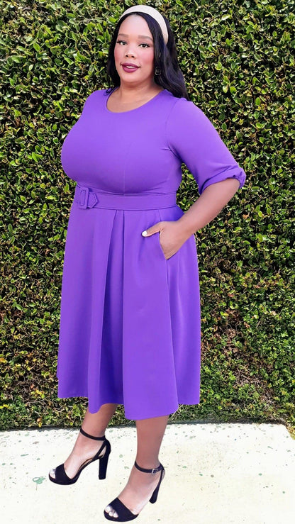 Plus Size 3/4 Bishop Sleeves Flare Midi Dress with Belt Zipper Back