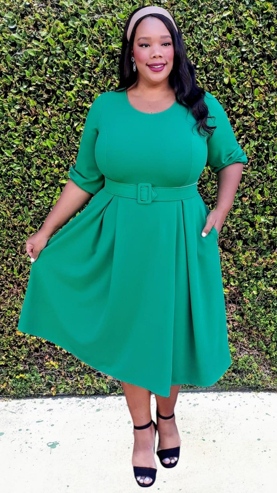 Plus Size 3/4 Bishop Sleeves Flare Midi Dress with Belt Zipper Back