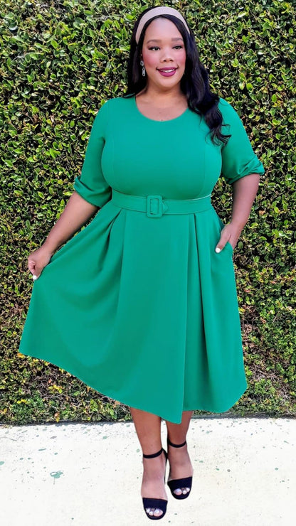 Plus Size 3/4 Bishop Sleeves Flare Midi Dress with Belt Zipper Back