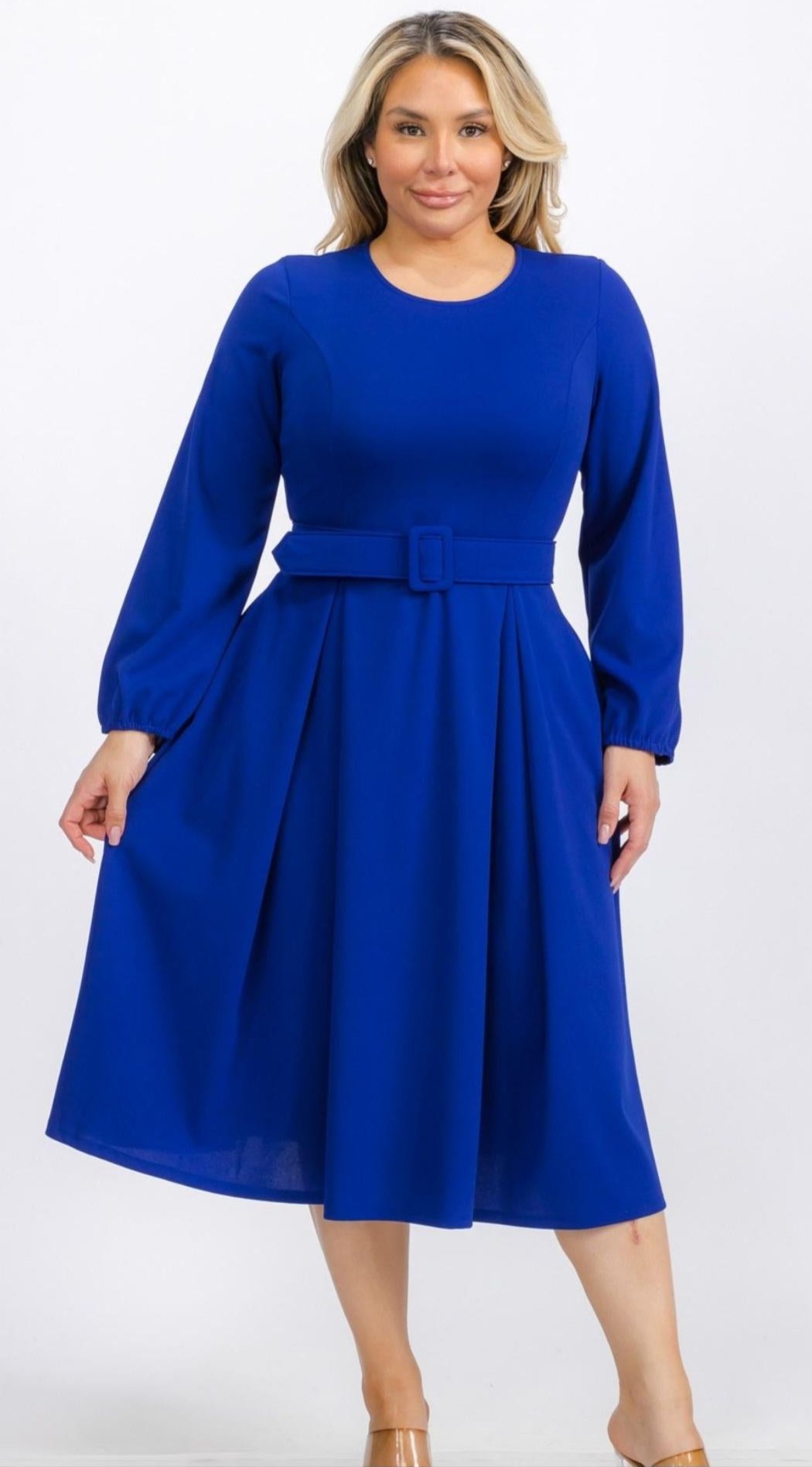 Plus Size Bishop Sleeves Sleeves Midi Dress with Belt