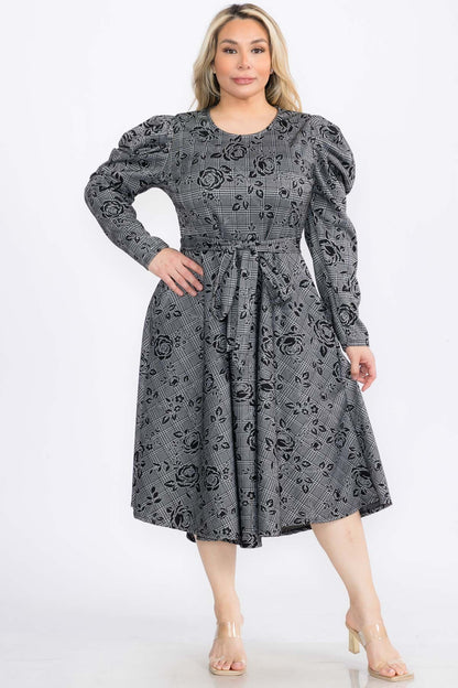 Plus Size Jacquard Smocked Cuff Raglan Sleeves Flare Midi Plated Dress With Belt